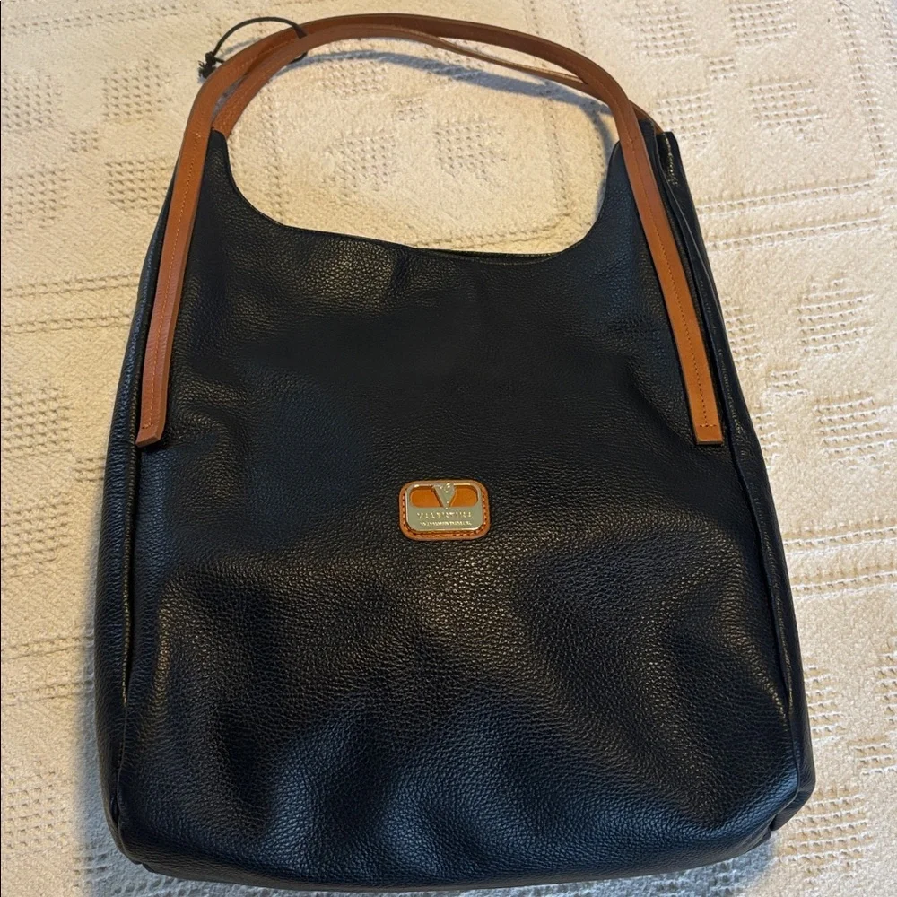Valentina‎ Black and Tan Pebbled Leather Tote Shoulder Bag